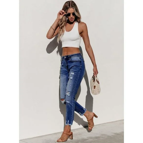 Women's Distressed Straight Leg Boyfriend Jeans Premium Denim Casual Wear - Picture 5 of 6